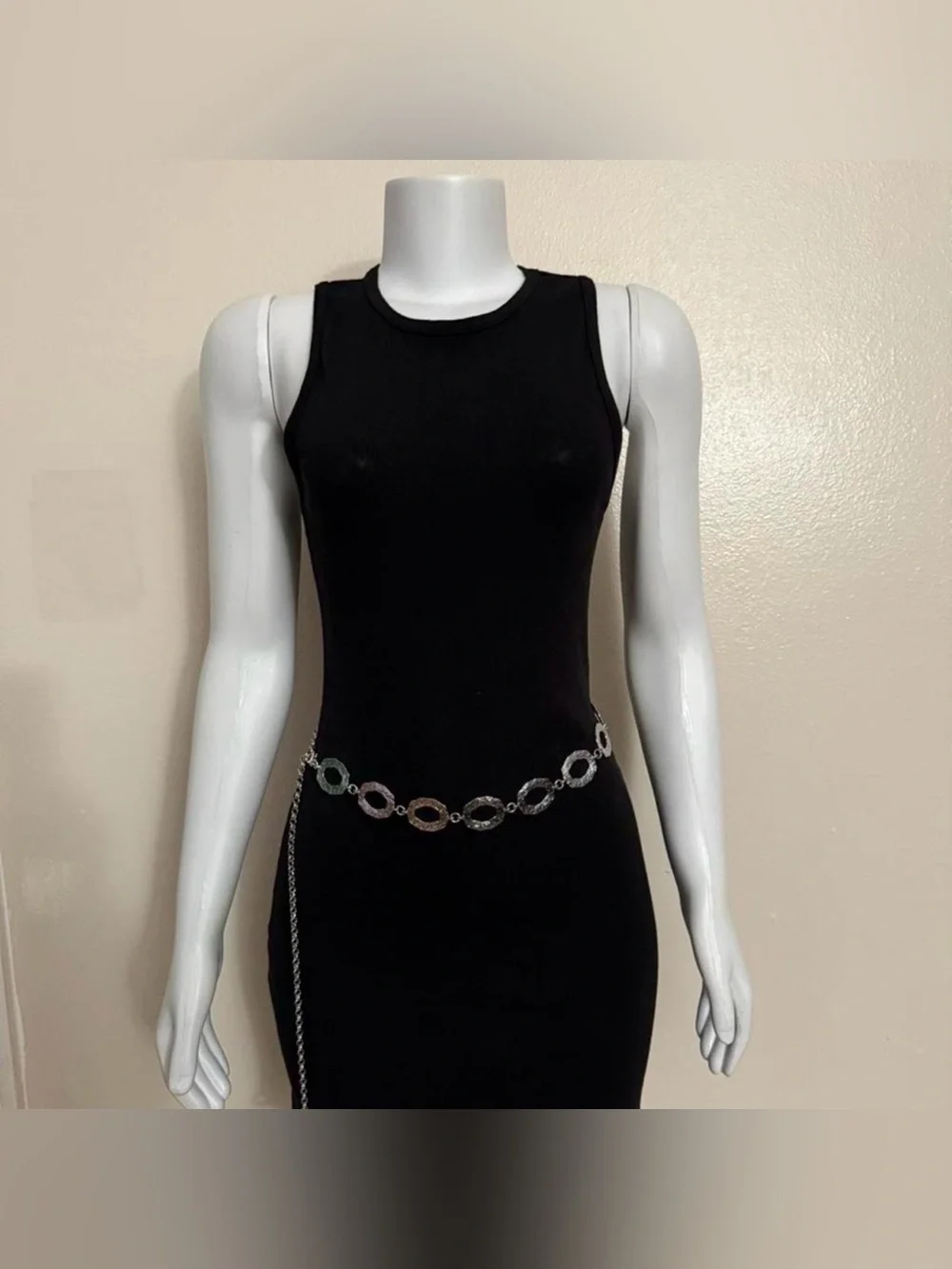 Silver tone metallic skinny chain belt